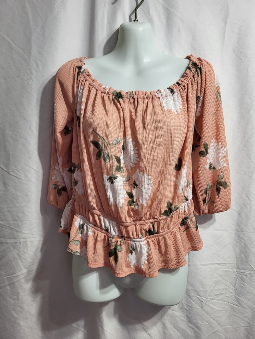 Dynamite Peach Floral Off-Shoulder Peplum Blouse